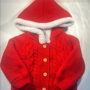 Red Hooded Cable Knit Jumpsuit 12 months